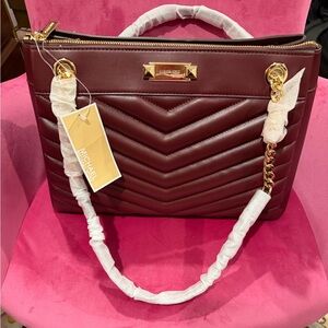 Michael Kors Burgundy Quilted Chevron Shoulder Tote with Gold Hardware